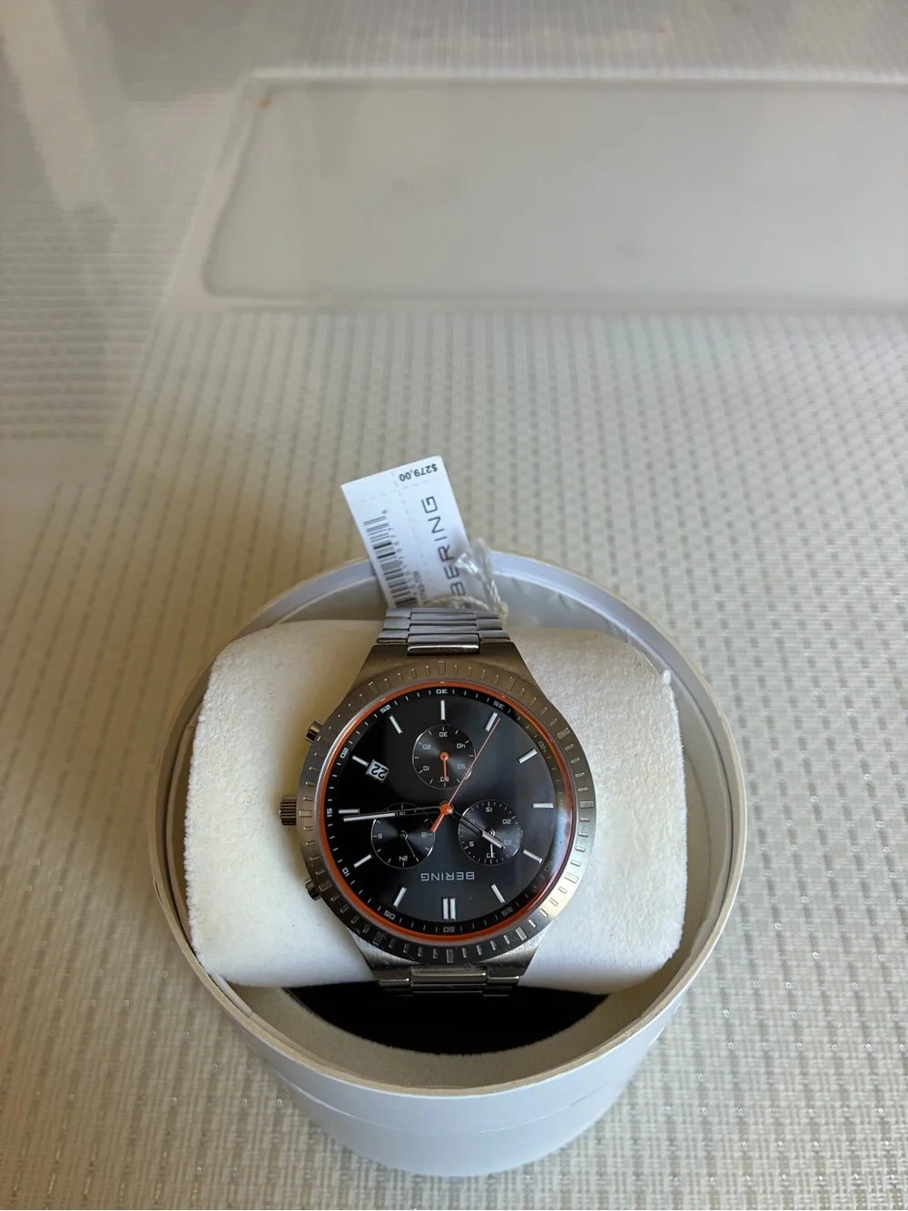 Bering Men's Stainless Steel Black Dial Chronograph Watch with Orange Accent